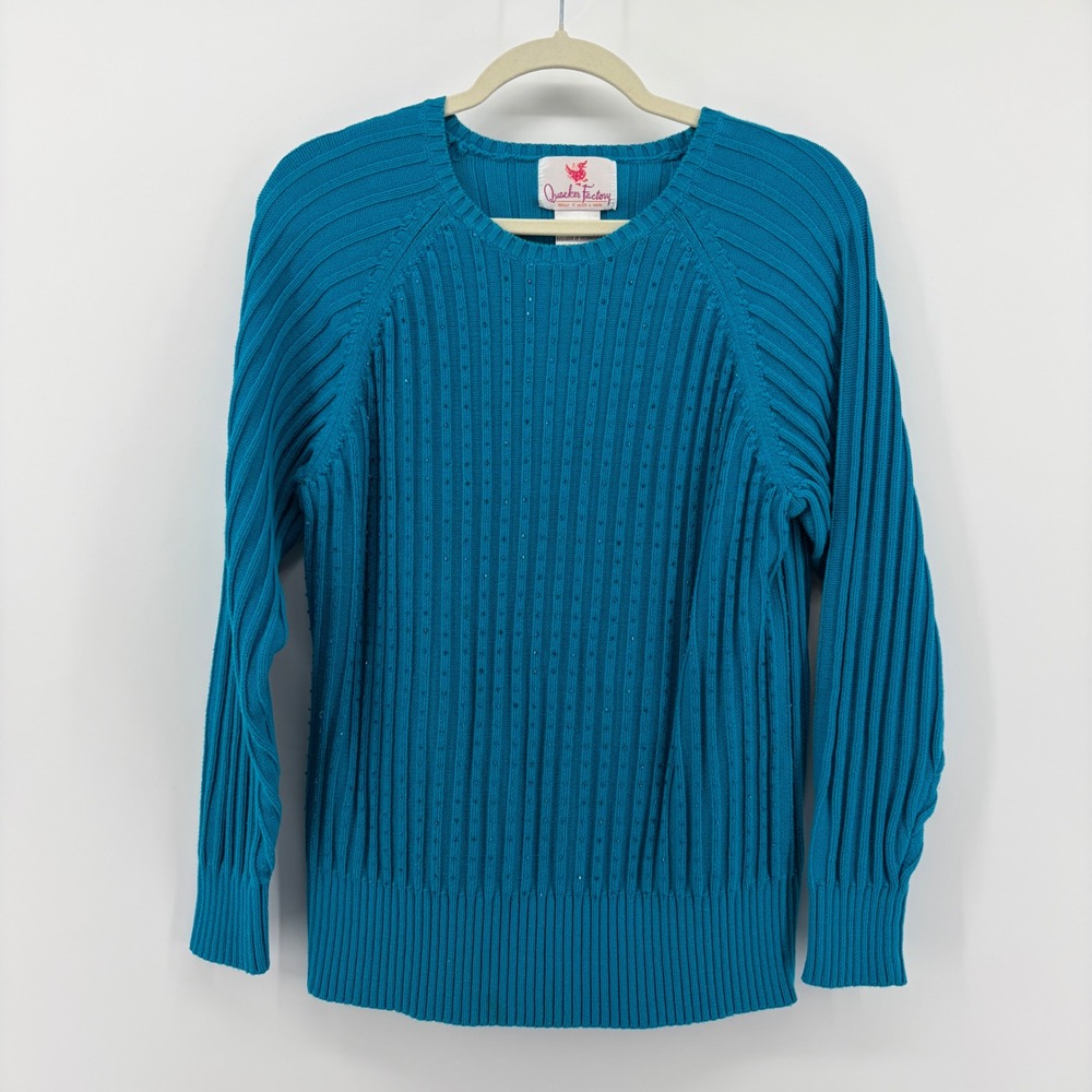 Quacker Factory Size Medium Teal‎ Blue Ribbed Beaded Raglan Sweater Cotton Blend